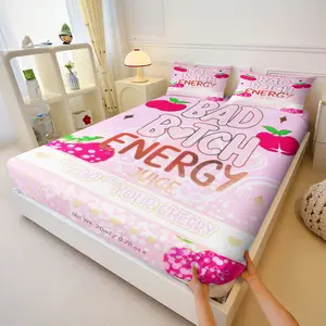 BAD Bitch Energy Juice Fitted Sheet Set,Cheerful Your Cherry & Berry Print Bed Sheet Set,Includes 1 Fitted Sheet and 2 Unfilled Pillowcases,Soft & Breathable Bedding Set for Bedroom,Dorm & Guest Room Decor