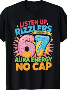 Men'S Funny Sigma Rizzlers Graphic T-Shirt - 67 Number Design with Sprinkles & "Listen Up Sigma Rizzlers This Sigma Has Energy No Cap" Slogan - Casual Streetwear Round Neck Tee for Parties, 4th of July, Sports & Casual Attire - Comfortable All-Seaso