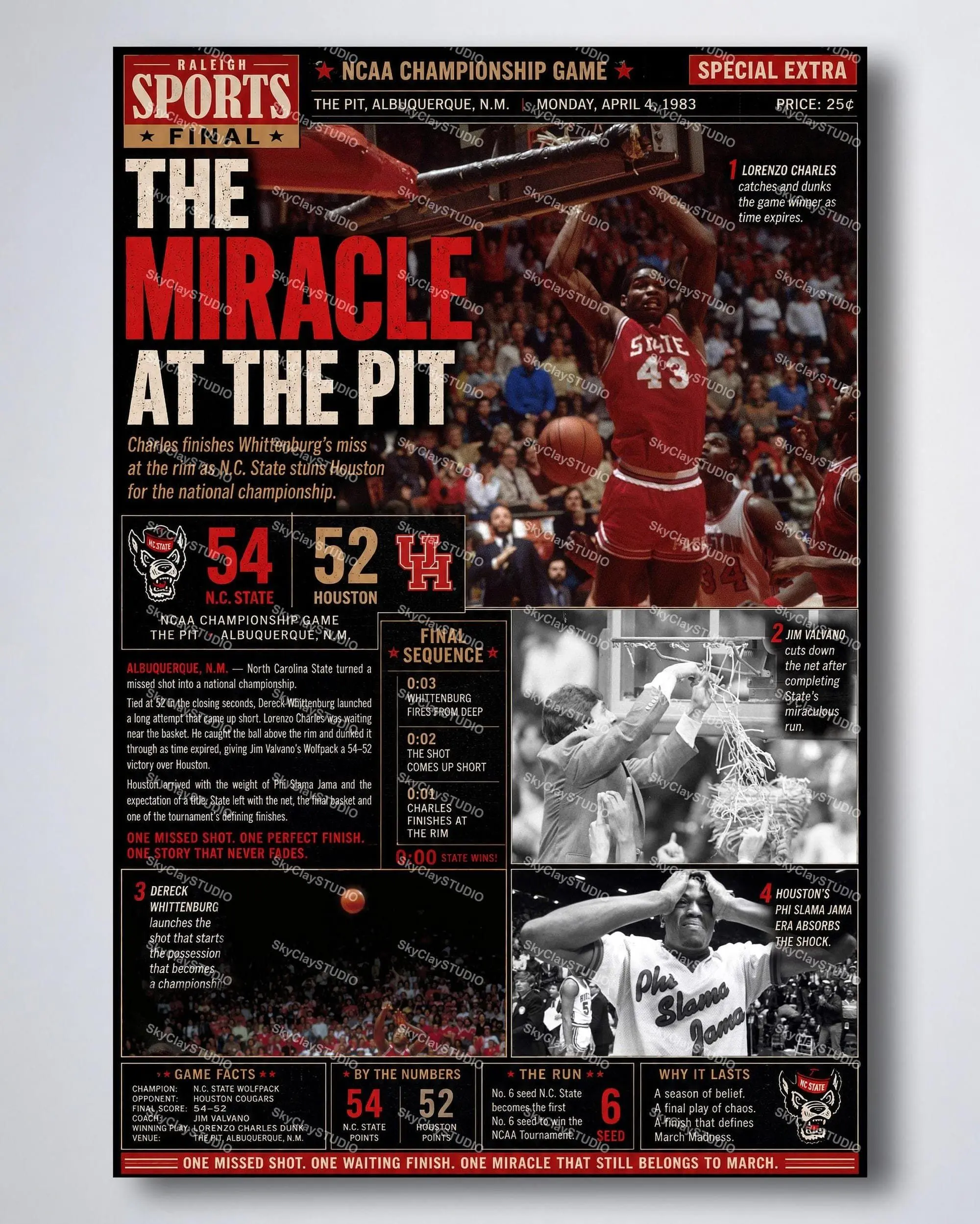 1983 NC State Wolfpack NCAA Championship Print, Miracle at The Pit Basketball Poster Poster, March Madness Wall Art( Unframed - Print Only )