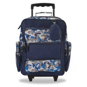 Lillian Vernon Rolling Luggage for Kids, 5-Pocket Blue Camo Suitcase Set With Clip-On Pouch, Boys Travel Carrier on Wheels, 5W x 12"L x 20”H