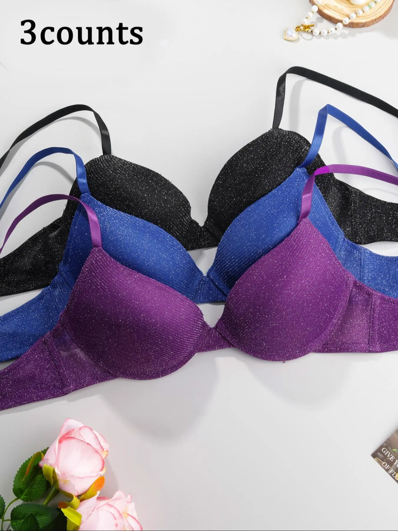 Women's Solid Glitter Underwire Bra, Elegant Comfortable Breathable Adjustable Hook & Eye Bra, Lingerie for All Seasons
