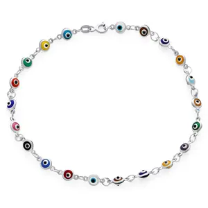 Turkish Protection Multi Evil Eye Anklet Charm Ankle Strand Bracelet Rose Gold .925 Sterling Silver