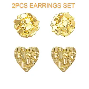 MaxBling81 Unisex 2PCS 10x10mm Gold-Plated Nugget Studs Earrings - Heart/Round Shapes, Surgical Posts, Metal Coating, for Daily Wear & Special Occasions