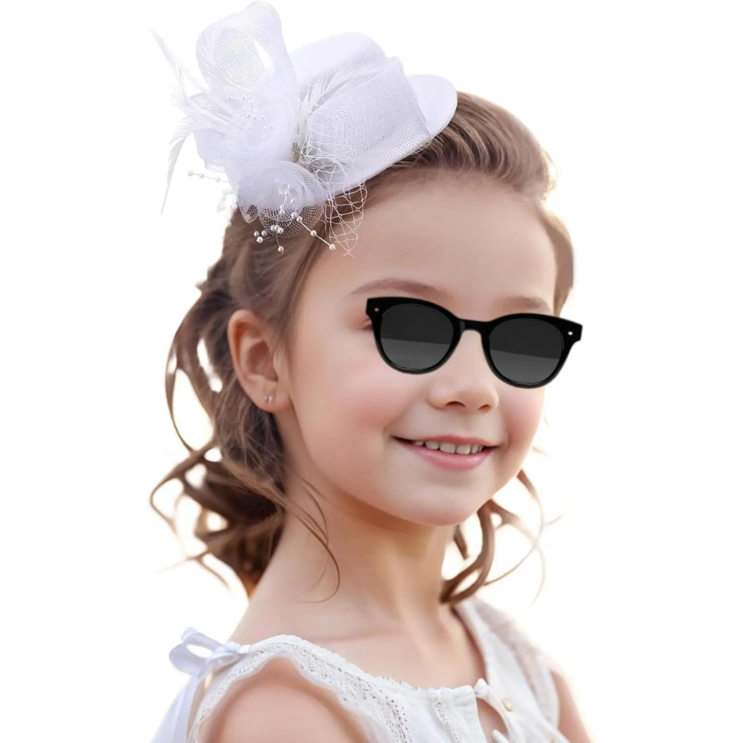 SQ-HDW230 Mini Tea Party Hats - Girl Hat for Tea Party Favors, Mini Fascinator Hair Clip with Veil Vintage Mesh Feather for Girls and Women Birthday White