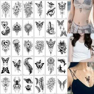 30pcs Black temporary tattoo stickers for women - waterproof, long-lasting, featuring butterfly and feather wings, with a high-end and realistic look, suitable for collarbone and arm, in dark style