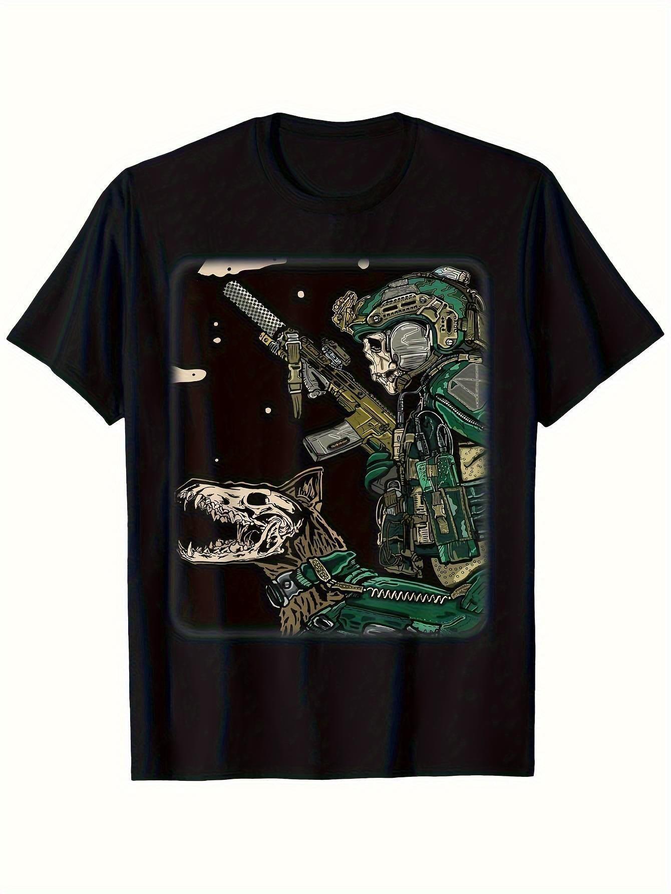 Mens Tactical Graphic T-Shirt - Black Military Skull Helmet Night Vision & Starry Sky Design, No-Stretch Fabric, Machine Washable, Regular Fit Short Sleeve Crew Neck for Casual Outdoor & Casual Attire