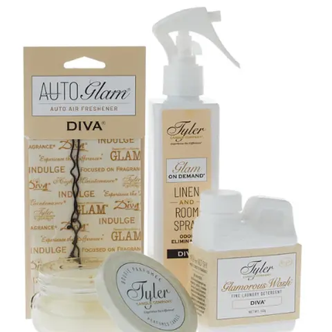 GLAMOROUS GIFT Set VI- linen and room spray, 3.4oz candle, 4oz glam wash, autoglam by tyler candle company