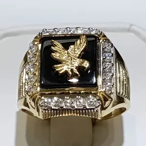 1pc Fashion Golden Mens Ring, Black Enamel Fly Eagle CZ Jewelry, Fathers Day Gift Hip Hop Men Engagement Wedding Band Rings Size 6-10