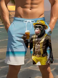 Men's Fashion Monkey Pattern Beach Shorts, Quick-Dry Casual Swim Trunks, Summer Vacation Short Pants, All over Print Fitted Style, Swimwear Shorts, Summer Swim Bottoms, Swimsuit Shorts