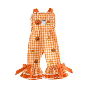 Toddler Baby Girls Halloween Romper Overalls Pumpkin Ghost Embroidery Plaid Print Sleeveless Ruffle Bow Hem Bell Bottom Jumpsuit