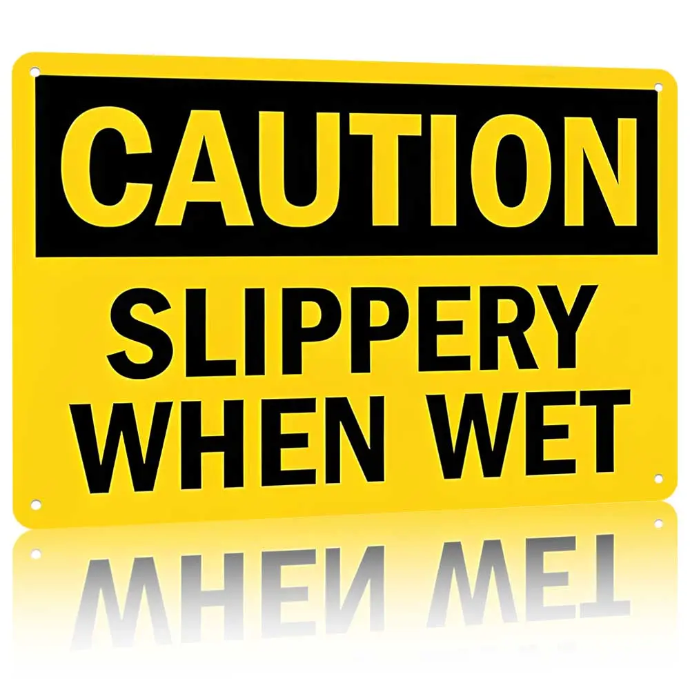 "Caution Slippery When Wet" Metal Sign 12x8" – Yellow Safety Sign for Home & Business