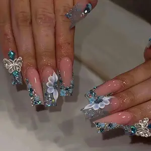 Handmade Blue Crystal Press On Nails | 3D Flowers, Butterfly Charms & Glitter Gem Borders | Long Square Nails For Luxury Sparkly Vibes