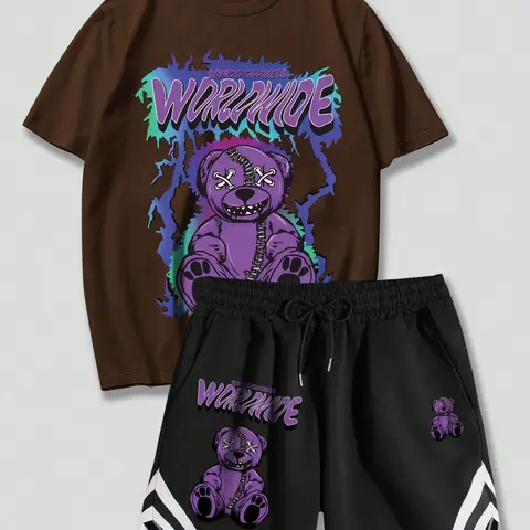 Men's 2pcs Cartoon Bear Graphic Print Soft Crewneck Tee & Drawstring Waist Stretch Shorts Set, Casual Fashion Round Neck Short Sleeve T-shirt & Pocket Shorts, National Day Clothing, Summer Outfits Set, Menswear