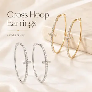 Cross Hoop Earrings for Women with Rhinestones, Statement Religious Jewelry in Gold or Silver-Tone, Faith-Inspired High Fashion Accessory, Fashionable Jewelry Accessories, Hoops Shape Earrings