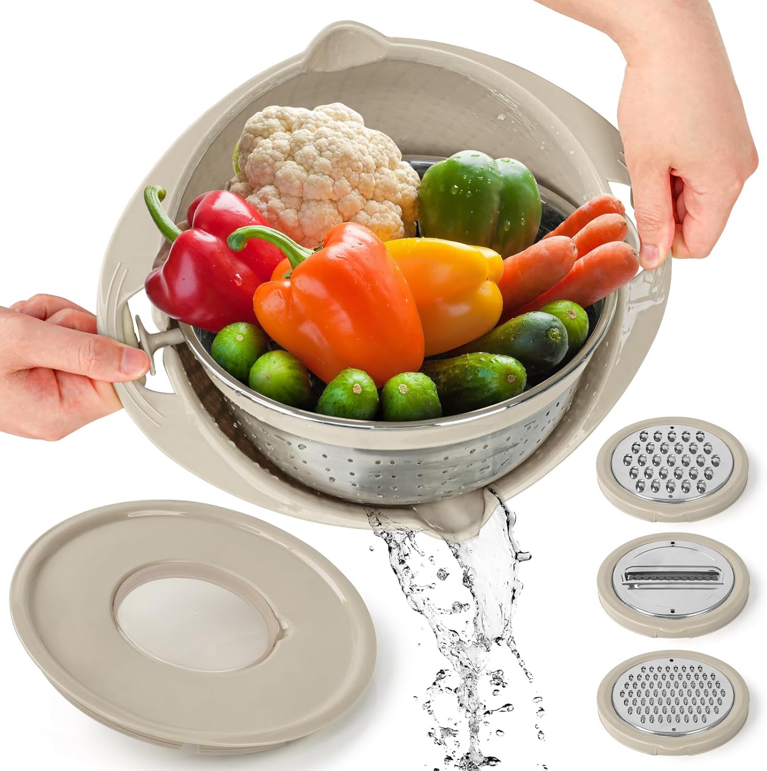 4-1 Multifunctional Kitchen Colander Bowl Set - Includes Kitchen Fruit and Vegetable Cleaner, Food Strainers, and Utensils (Beige)