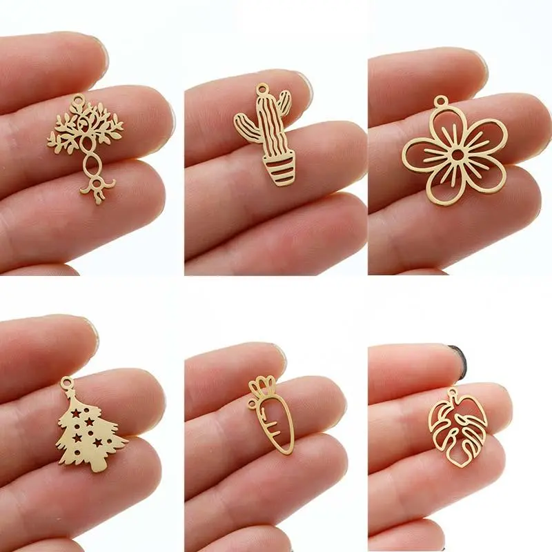 5pcs Fashion Stainless Steel Tree of Life Cactus Pendant Cartoon Leaf Carrot Jewelry Making Plant Charm Necklace DIY Accessories