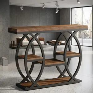 Rustic Brown 39.4" 4-Tier Console Table Industrial Narrow Entryway Accent Table Wooden Metal Frame Sofa Side Table Sturdy Storage Display Table For Hallway Foyer Living Room Indoor Home Furniture