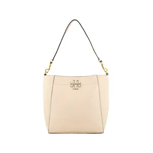 Tory Burch McGraw Leather Bucket Bag with Magnetic Logo Closure for Women in Cream White