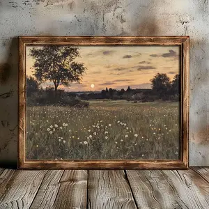 Firefly Field Landscape Print Wall Art, Evening Countryside Scene