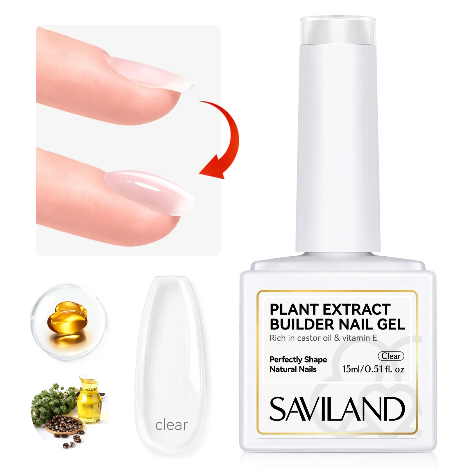 SAVILAND Clear Builder Nail Gel - 15 ml Builder Nail Gel In A Bottle Nail Extension Gel Hard Gel Nail Strengthener Rich in Castor Oil & Vitamin E for Damaged Nails Nail Repair Reforcement Art