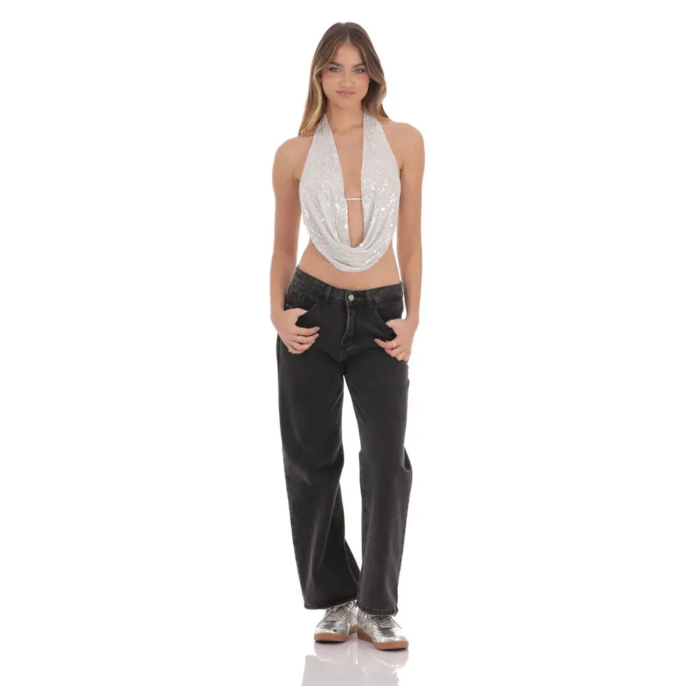 Sequin Plunge Top in Silver