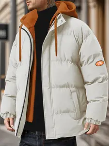 Men's Colorblock 2 in 1 Drawstring Hooded Winter Coat, Casual Regular Fit Long Sleeve Zip Up Outerwear for Fall & Winter, Men's Clothes for Daily Wear