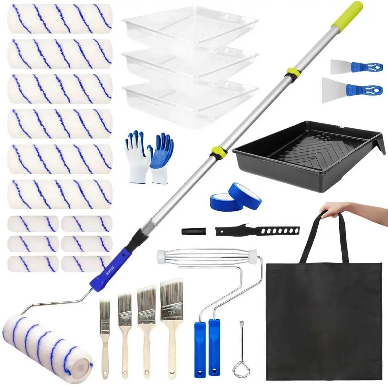 33 count  Roller Kit with Extension Pole | 24 FT Pole | 9" & 4"  Rollers | Carry Bag | 4 Brushes & Tape | Professional Painting Supplies &  Brushes Set for Walls Ceilings and