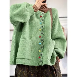 Women's Plus Size Knit Cardigan Sweater Coat, Colorful Button Fashion Casual Round Neck Loose Fit Top for Fall & Winter Seasons（gift）