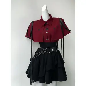 Spring Retro Elegant 3 Piece Sets Womens Outfits Gothic Button Design Tops + Black High Waist Retro Skirt Female Belt Party Sets