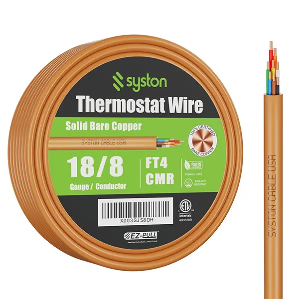 Syston 18 AWG 8-Conductor CL3R Thermostat Doorbell HVAC Cable 18/8 Solid Copper, CMR Riser-Rated, UV Resistant, Low Voltage for Thermostats, Doorbells, Burglar Alarms, Indoor/Outdoor RoHS, Heavy Wire Home Lighting