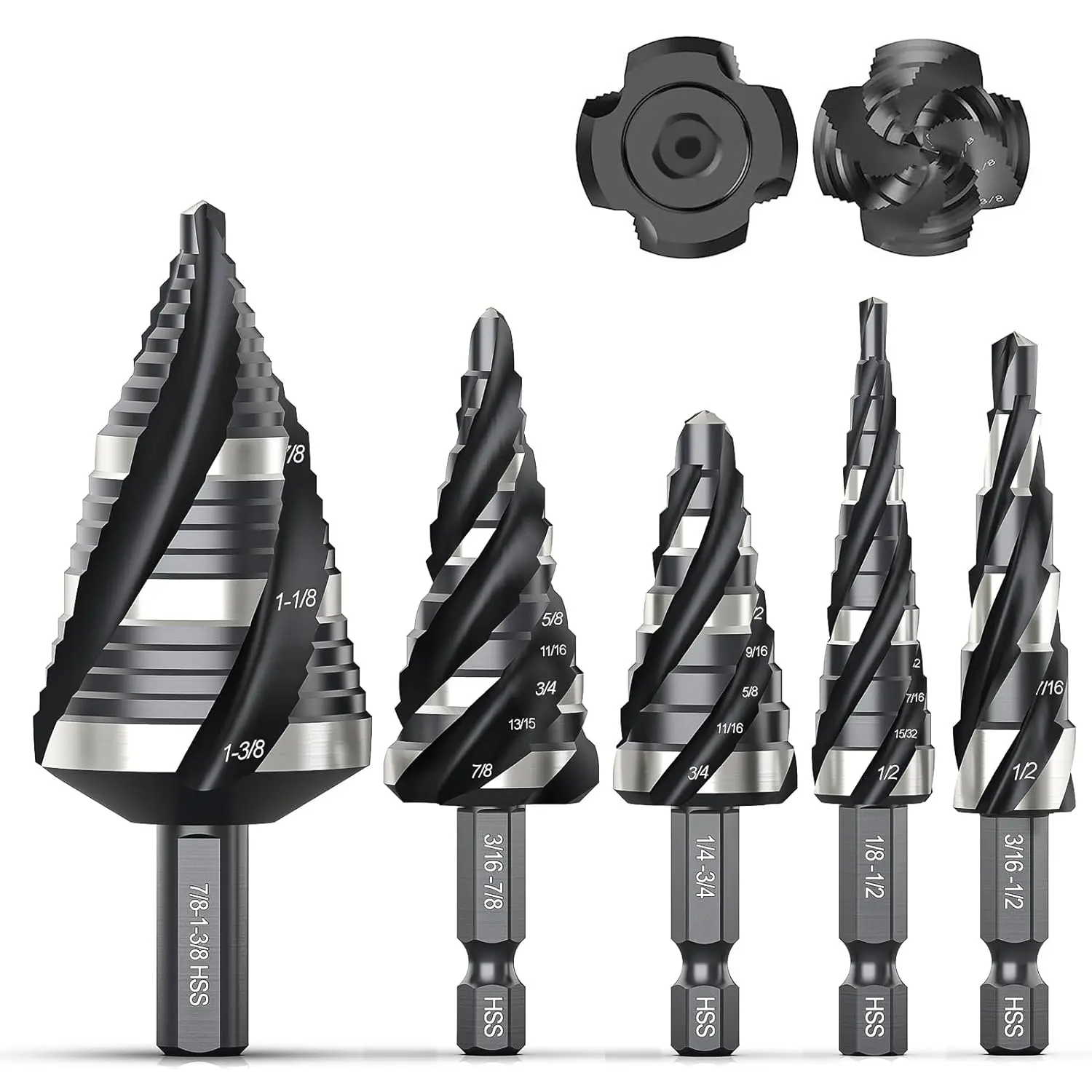 Swiilpo THINKWORK 5-Piece HSS 4 Spiral Flute Step Drill Bit Kit, Laser-Engraved Steps, 1/8–1-3/8" Inches Sizes, 1/4" & 3/8" Shanks for Piercing Holes in Aluminum, Wood, Metal, Plastic By Quesear