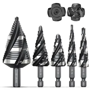 Swiilpo THINKWORK Four Spiral Flute Step Drill Bit Set, 5 Pcs HSS Step Drill Bits (1/8"-1-3/8") Unibit Step Drill Bit, 1/4" and 3/8" Shank Step Bits for Aluminum, Wood, Plastic, Metal,By Quesear