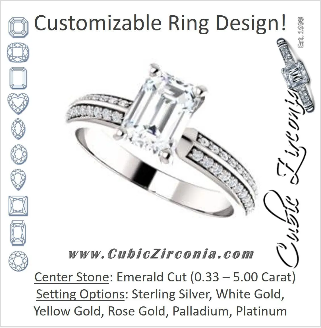Cubic Zirconia Engagement Ring- The Layla (Customizable Emerald Cut Design with Segmented Double-Pavé Band)