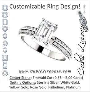 Cubic Zirconia Engagement Ring- The Layla (Customizable Emerald Cut Design with Segmented Double-Pavé Band)