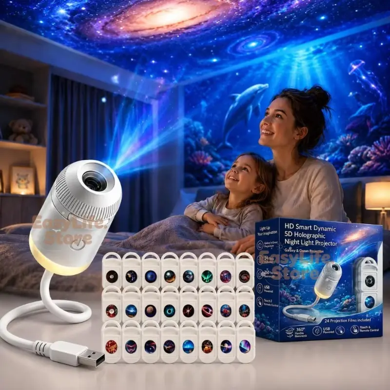 HD Smart Dynamic 5D Holographic Night Light Projector – 2-in-1 Galaxy & Ocean Projector (Includes 24 Projection Slides), Suitable for Car Use