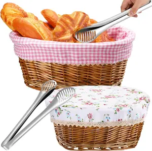 2 Sets Wicker Bread Basket for Serving Set 11 and 12 Inch Sourdough Proofing Woven Bread Baskets with Removable Liner and Tong Fruit Storage Container for Easter Spring Party(Fresh Style)