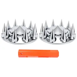 Removable Hub Cap ABS Chrome Plastic Front Axle Cover Kits with 33mm Push-on Flange Lug Nut Covers for Semi Trucks in Pairs, Spiked, 2 Set