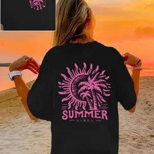 Women's Palm Tree & Sun Print Round Neck Tee, Casual Short Sleeve T-shirt for Summer, Ladies Sleepwear for Beach Vacation, Top