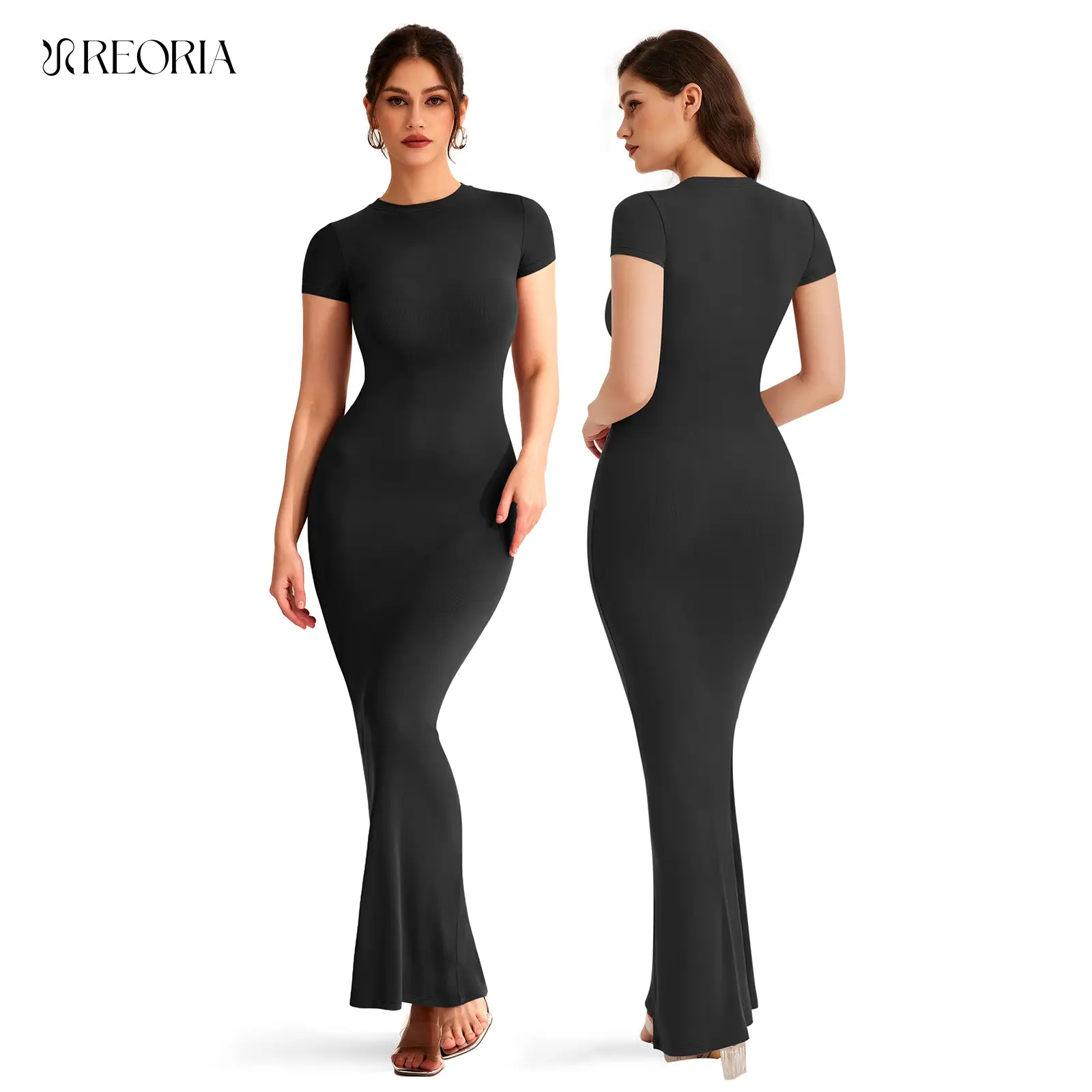 REORIA Fallfreshness Women's Sexy Round-Neck Long Dress Beach Vibes Dresses Women's Casual Lounge Long Dress Outdoorfun Elegant Shortsleeve Basic Crew