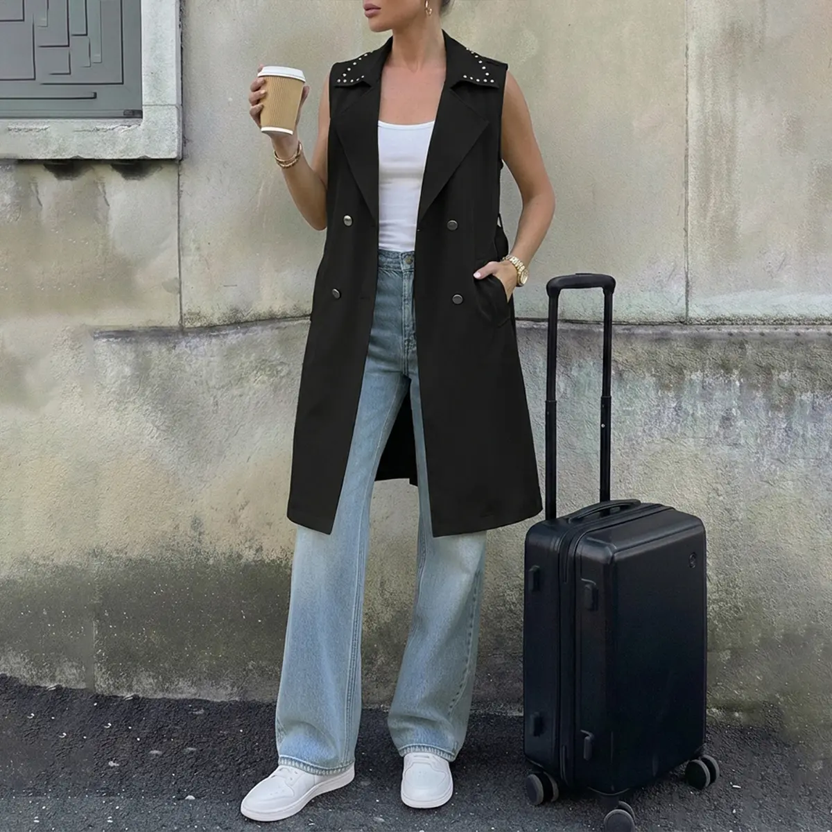 CHICME Women's Sleeveless Trench Coats Rhinestone Decor Lapel Casual Long Trendy Double Breasted Coat with Pockets Fit Longline