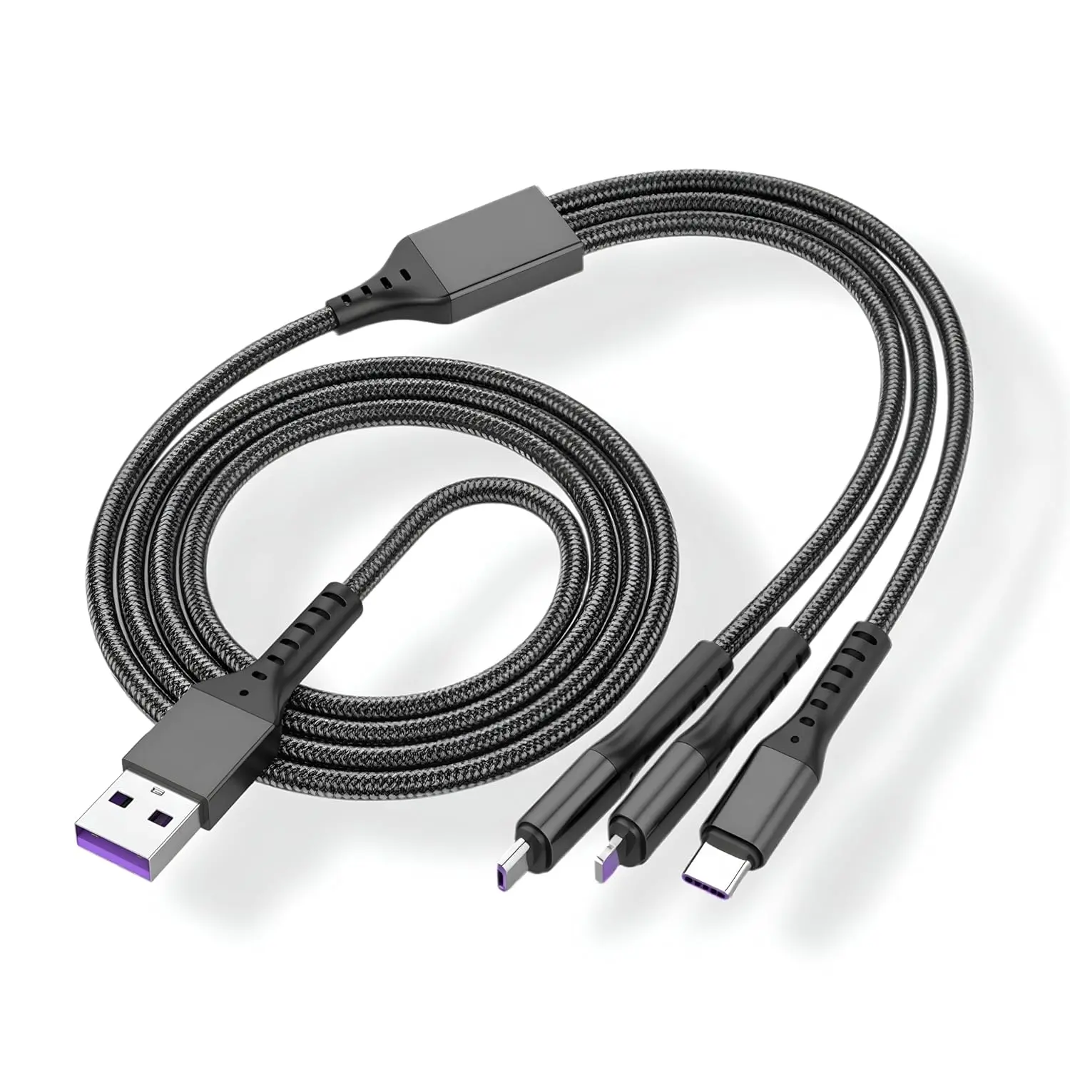 Multi Charging Cable 4ft 3 in 1 Charger Cord, Multiple Rapid Nylon Braided Cable USB Charging Cable Multi Phone Charger Cord with Type C Micro Lightning USB Connectors for Cell Phones