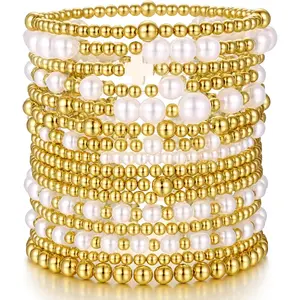 16 PCS Gold Bead Pearl Bracelet for Women, Gold Plated Beaded Strand Bead Ball Bracelets stack Adjustable Jewelry Set for Gifts