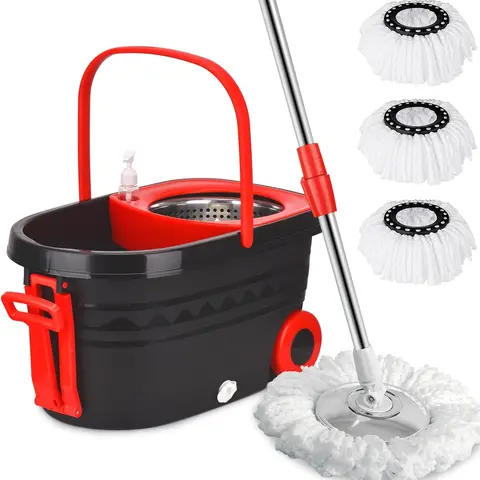 Black Spin Mop Bucket Wring System set 3 Microfiber Refills with Wheels, 61in Adjustable Stainless Steel Pole, Household Cleaning Tools Items Box Pack