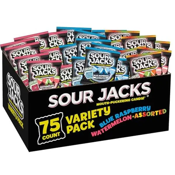 Sour Jacks Sour Gummy Wedges Variety Pack, Gluten Free, 0.5 oz, 75 Ct | Watermelon, Blue Raspberry & Assorted Fruits, signature tangy sour sugar coating, fun treat for kids, teens & adults
