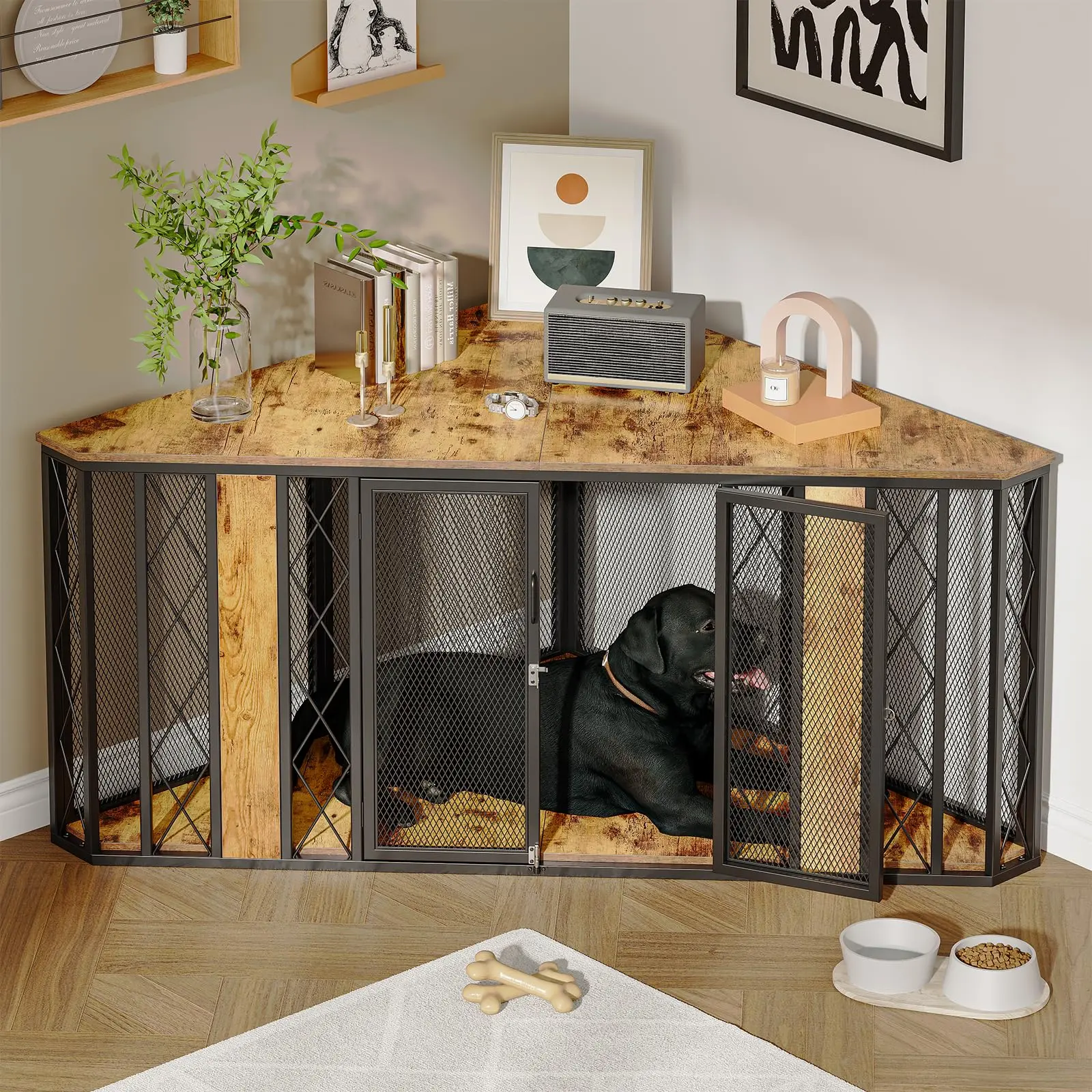 66 Inch XL Corner Dog Crate Furniture with Steel & MDF Construction, Decorative Indoor Kennel Cabinet with Mesh Panels, Splash Resistant Design, Storage Space, Chew Resistant Dog House for Medium and Large Breeds, Home Room Decor