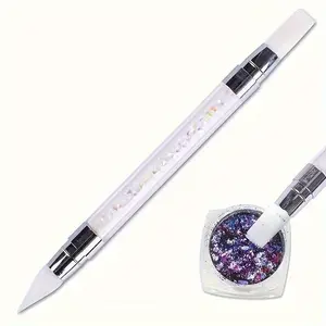 1pc Nail Art Silicone Brush, 3D Carving UV Gel Pen With Shimmer Glitter Point Drill, Nail Design Tools For Manicure Crafts