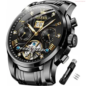 Fashion Brand OLEVS Mens Automatic Watches Self Winding Mechanical Skeleton Tourbillon Luxury Diamond Business Dress Date Wrist Watches for Men Waterproof Luminous