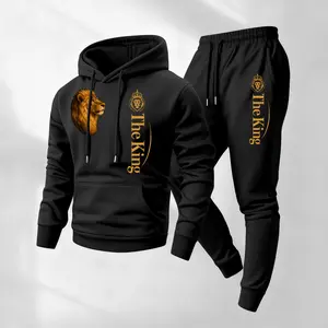 Men's Lion King print hoodie and drawstring track pants set, with pockets, casual sportswear, long-sleeved hooded jacket and jogging pants, autumn and winter sportswear, suitable for indoor and outdoor sports and everyday wear, sportswear set.
