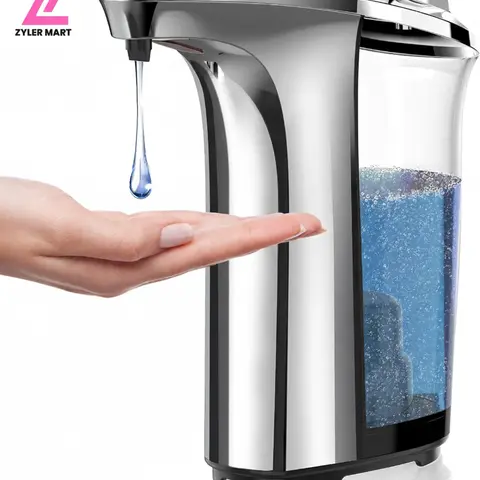 Z ZYLER MART Smart Automatic Induction Soap Dispenser - 17oz (500ml) Large Capacity, Infrared Sensor, 5 Adjustable Soap Levels, Waterproof, Transparent, Anti-Leak, Rubber Design, Battery-Operated Home Bathroom Accessory for Kitchen & Bathroom Sinks, Water