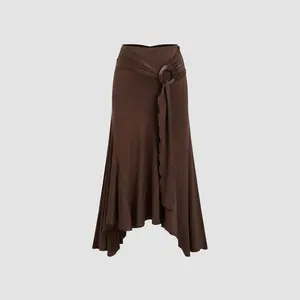 Cider Mid Rise Ruffle Hem Ruched Maxi Skirt